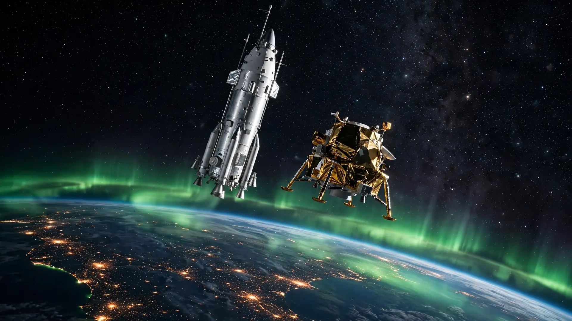 Two different lunar lander spacecraft, one tall silver rocket-like vehicle and one squat gold-foil lander, flying in formation above Earth at night with city lights and a green aurora below