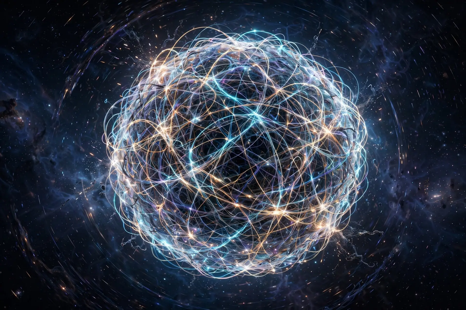 A fuzzball: a black hole imagined as a tangled ball of quantum strings with no singularity