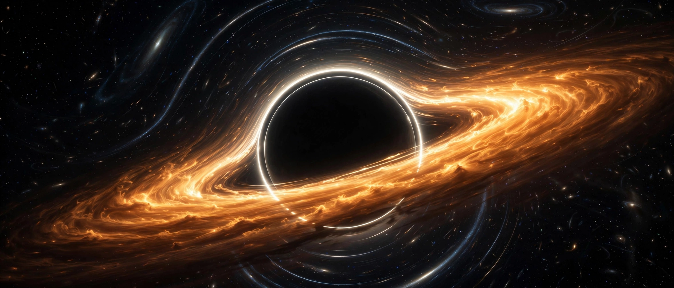 A supermassive black hole with a glowing orange accretion disk warping starlight