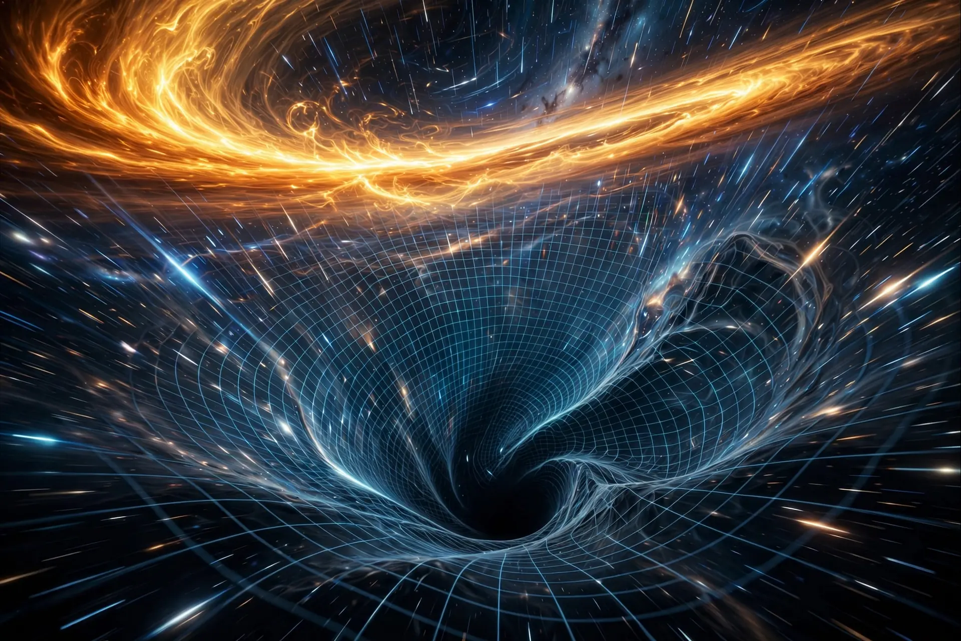 Starlight stretched into streaks spiraling down into a black hole interior