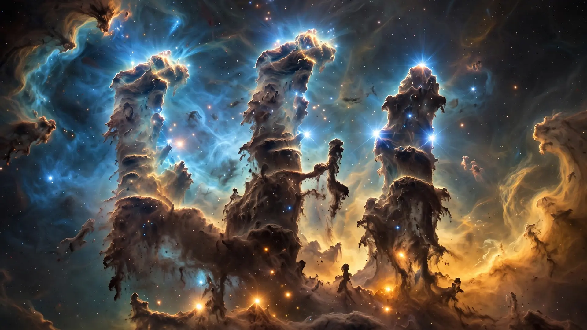 Newborn stars emerging from dark dusty pillars inside a stellar nursery, glowing blue and gold