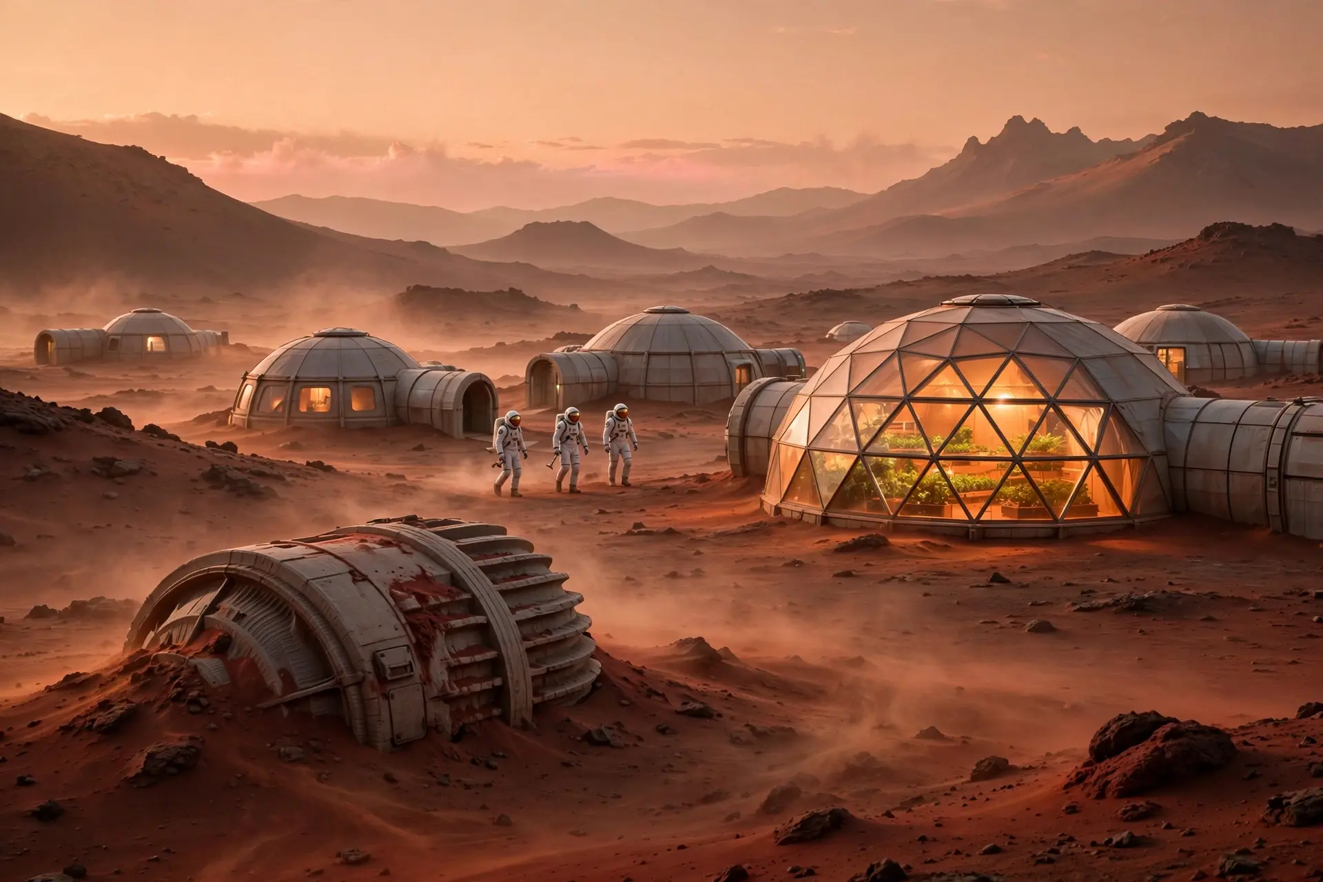 A Martian colony at dawn: domed habitats and a glowing geodesic greenhouse lit amber against a butterscotch sky, three astronauts in white EVA suits walking between modules, red dust drifting low over volcanic hills