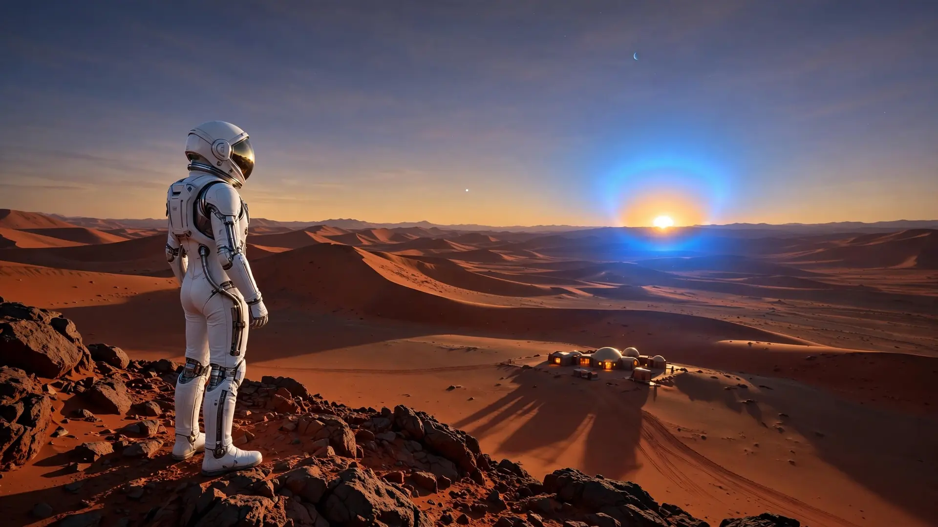 An astronaut in a slim white suit standing on a rocky Martian ridge watching a brilliant blue glow spread around the setting sun, Earth a faint pale-blue star above, a small domed colony glowing in the valley below