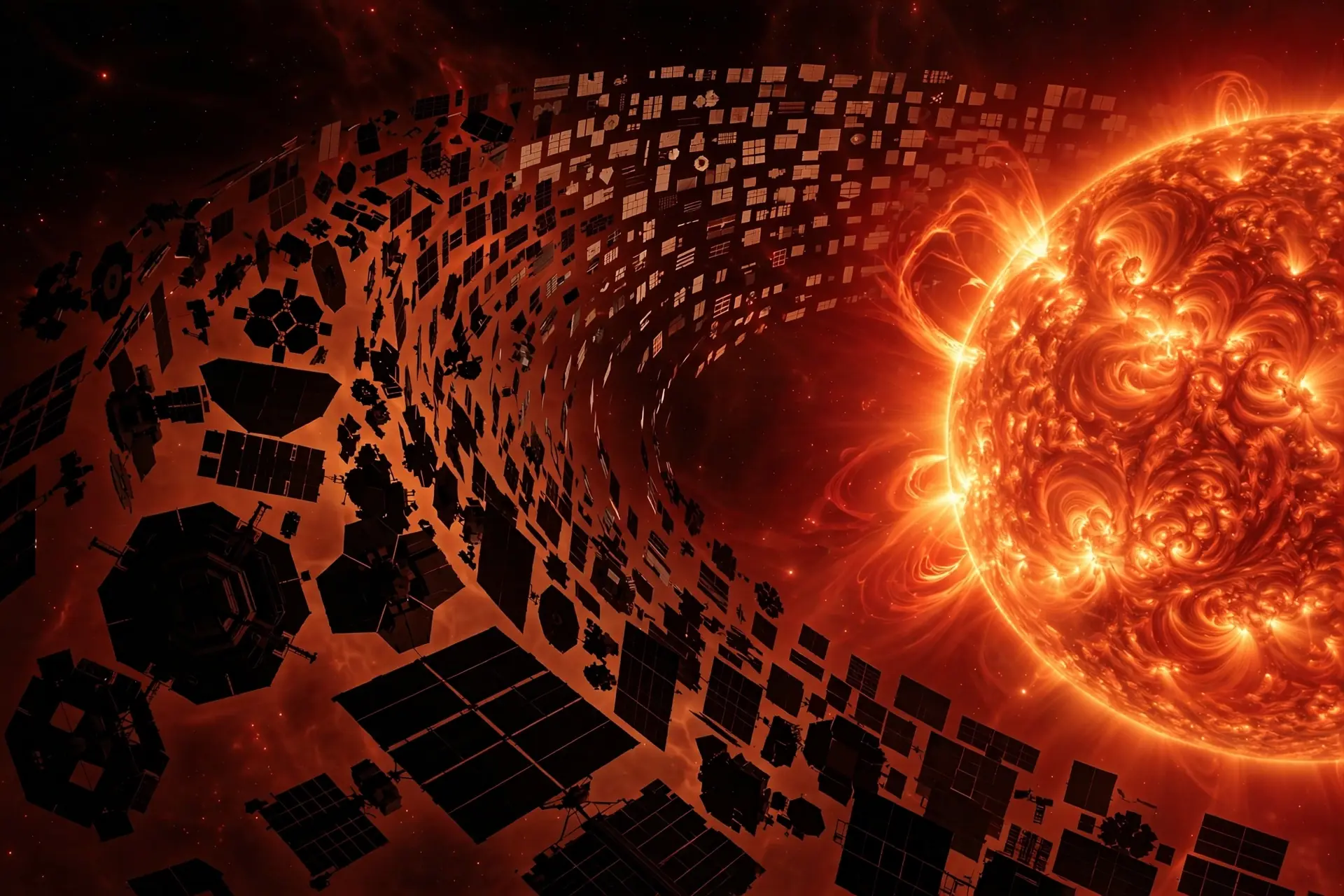 A star encircled by a Dyson swarm, glowing with industrial waste heat in the infrared