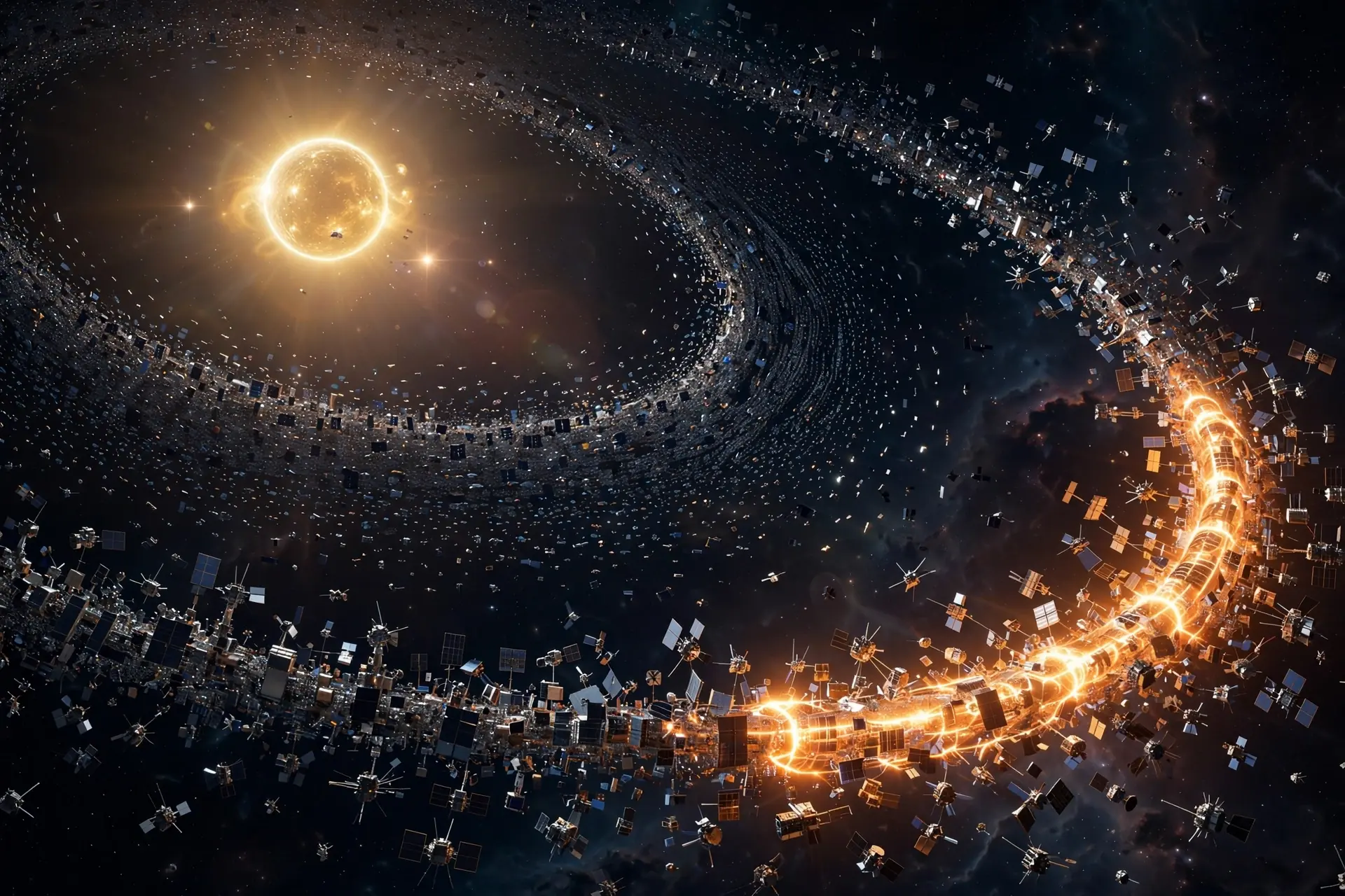 A vast swarm of solar collector satellites encircling a sun-like star