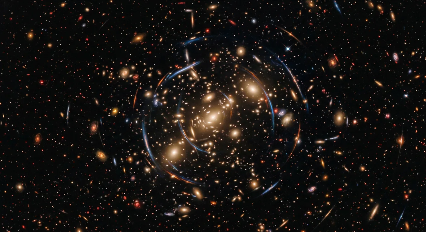 A deep field image full of distant galaxies and lensing arcs
