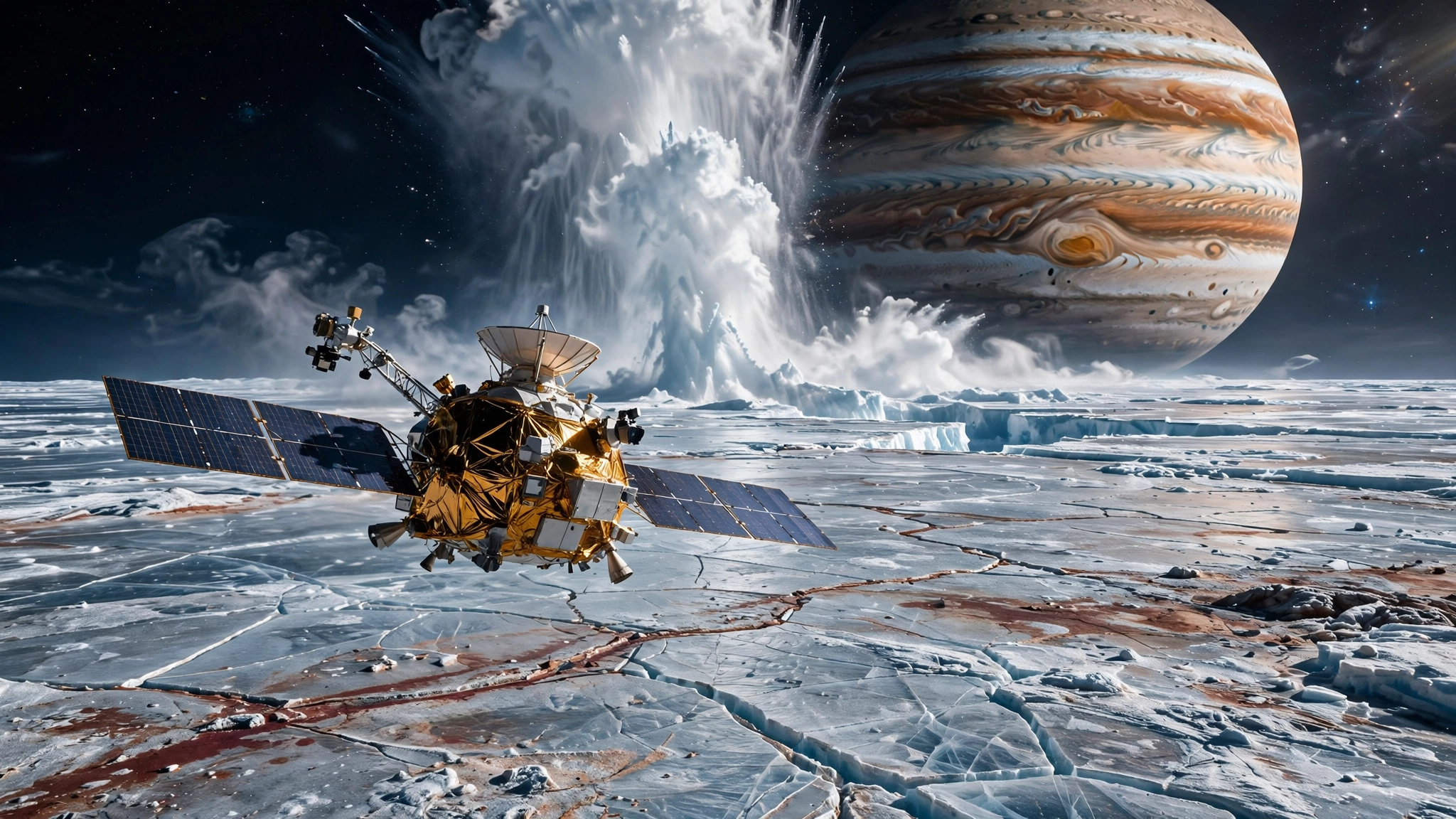 A spacecraft flying over the cracked ice of Europa as a water vapor plume erupts behind it, Jupiter looming