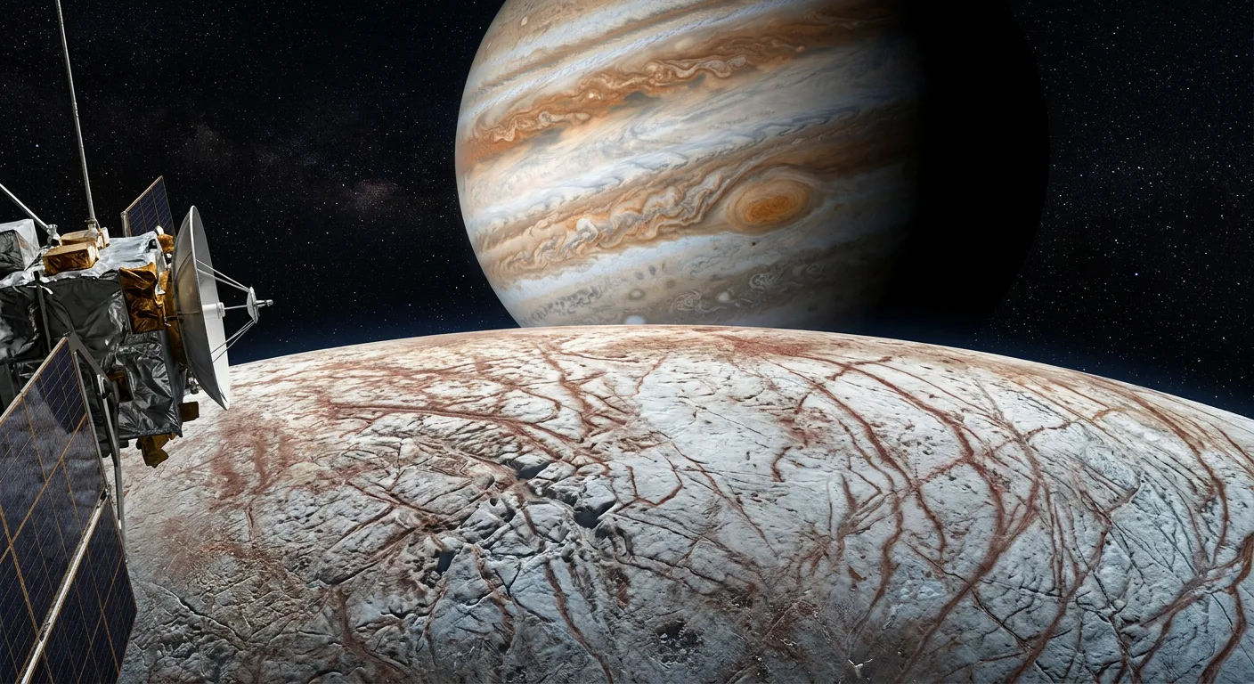 The cracked icy surface of Europa with Jupiter looming behind