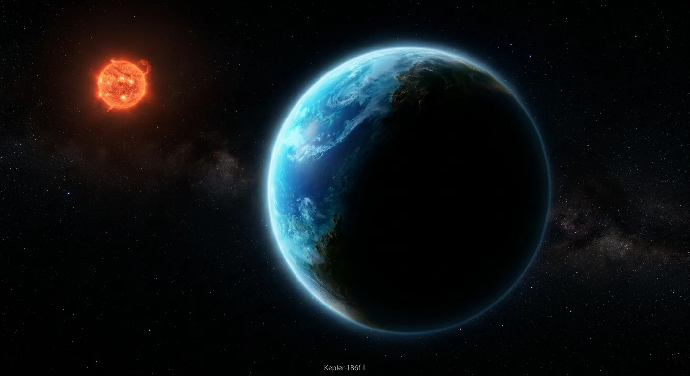 Artist impression of a hazy blue ocean planet orbiting a red dwarf star