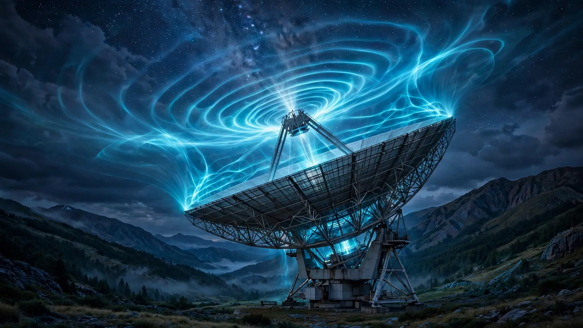 A giant radio telescope dish receiving a brilliant pulse of radio waves arriving from deep space
