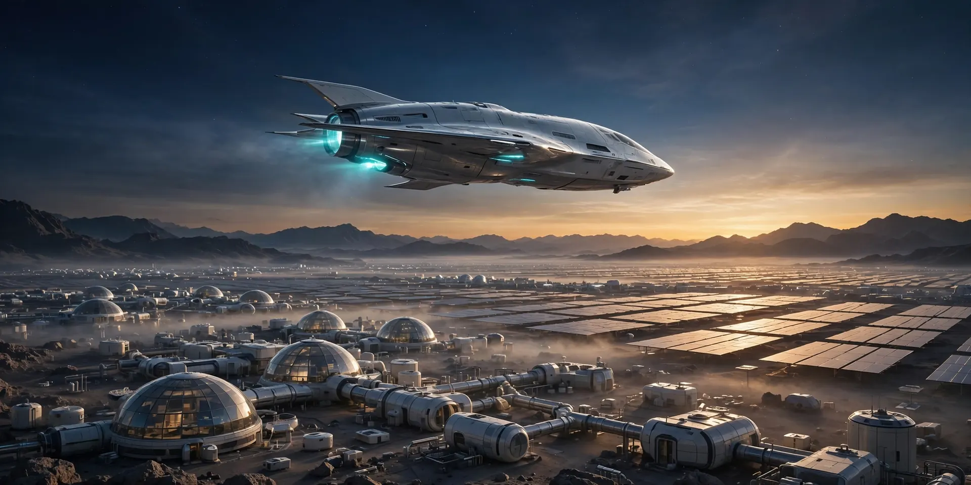 A sleek silver spacecraft gliding above a futuristic domed colony at dawn, amber sunrise light spilling across habitats and solar arrays beneath a fading starfield