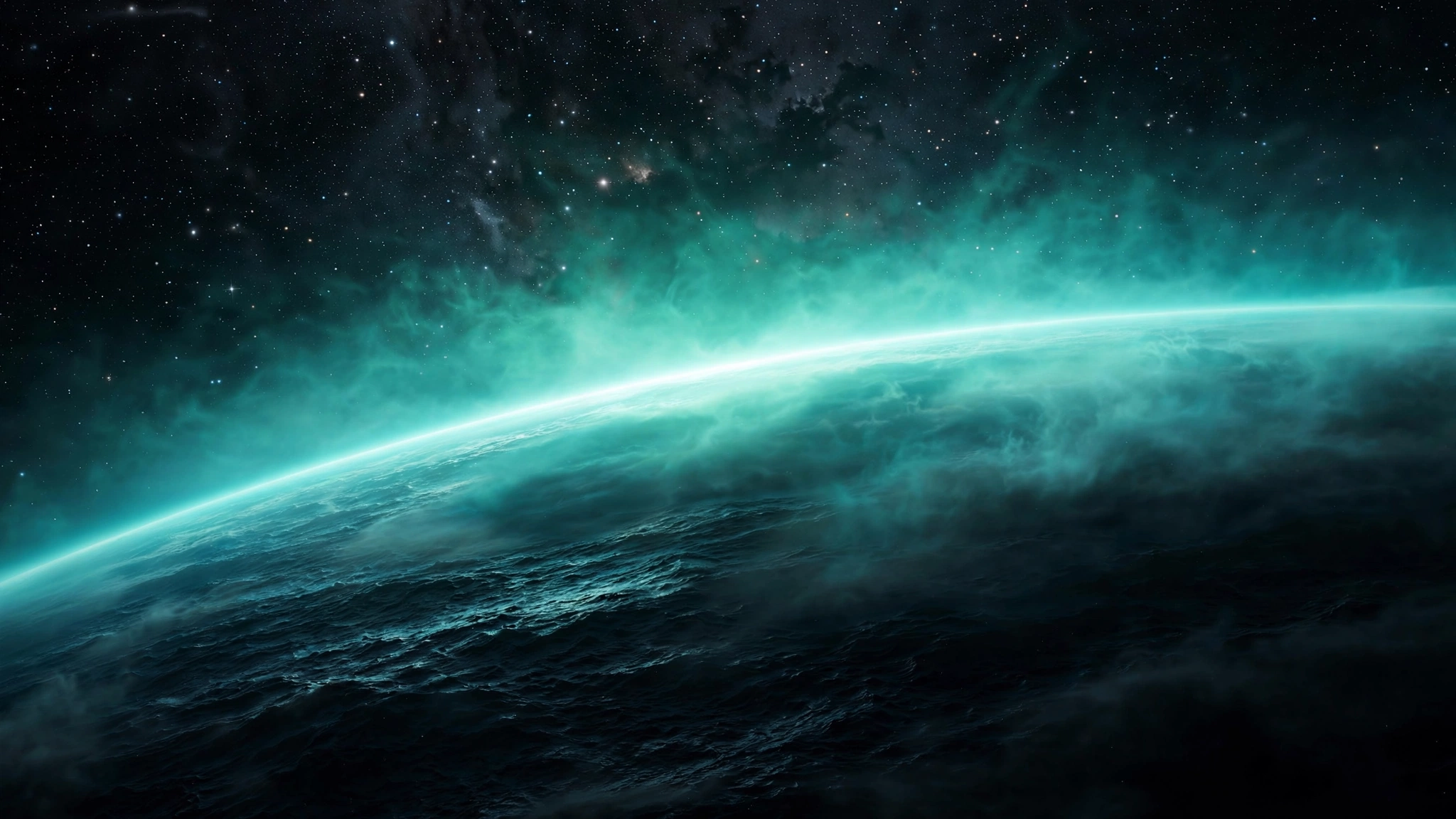 Close-up of an ocean world exoplanet limb with a glowing teal atmosphere at the terminator