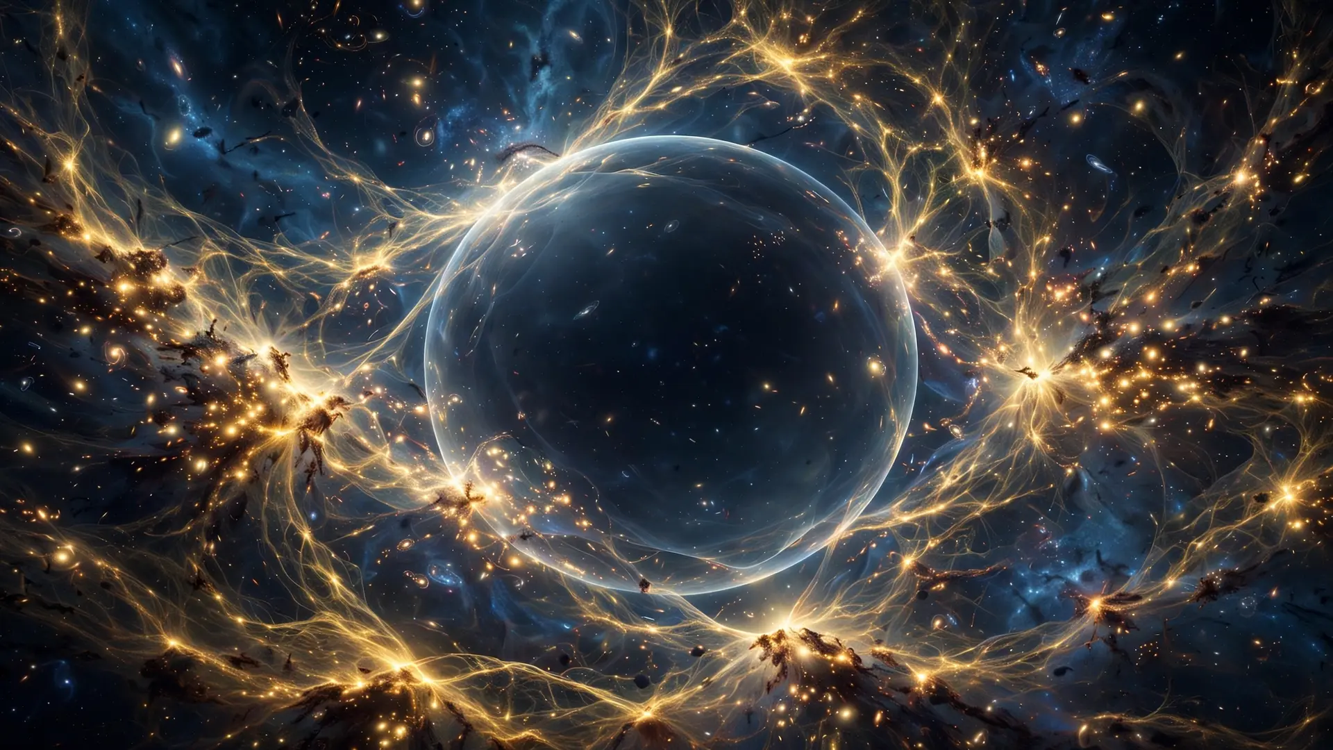 A translucent bubble-like underdense region of space at the center of the cosmic web, with bright galaxy clusters and golden filaments streaming outward from its edges toward denser glowing walls