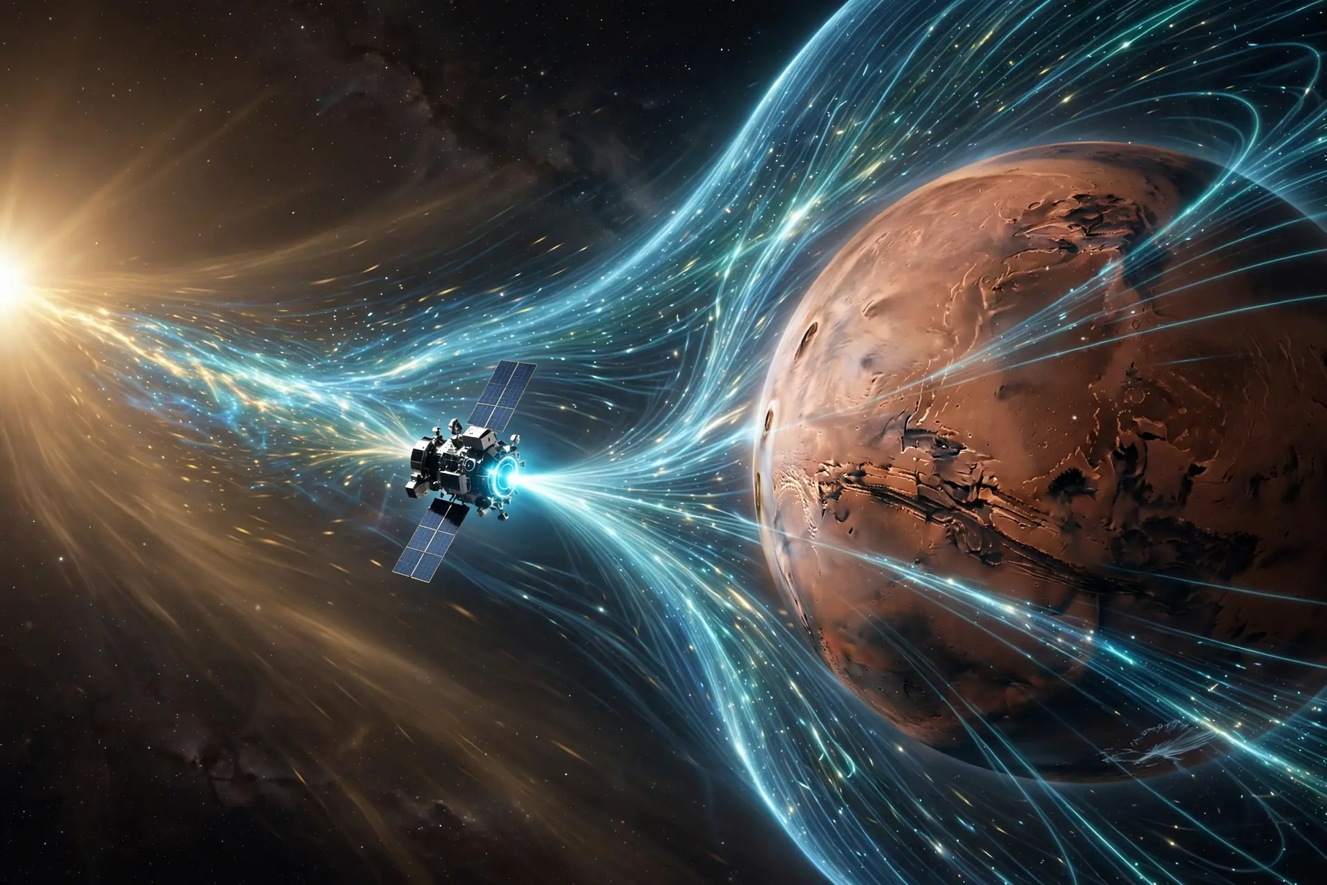 A superconducting magnetic shield station at the Mars–Sun L1 point deflecting the solar wind
