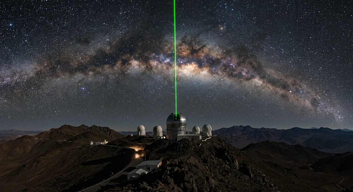 Telescope domes on a desert mountain under the Milky Way with a laser guide star