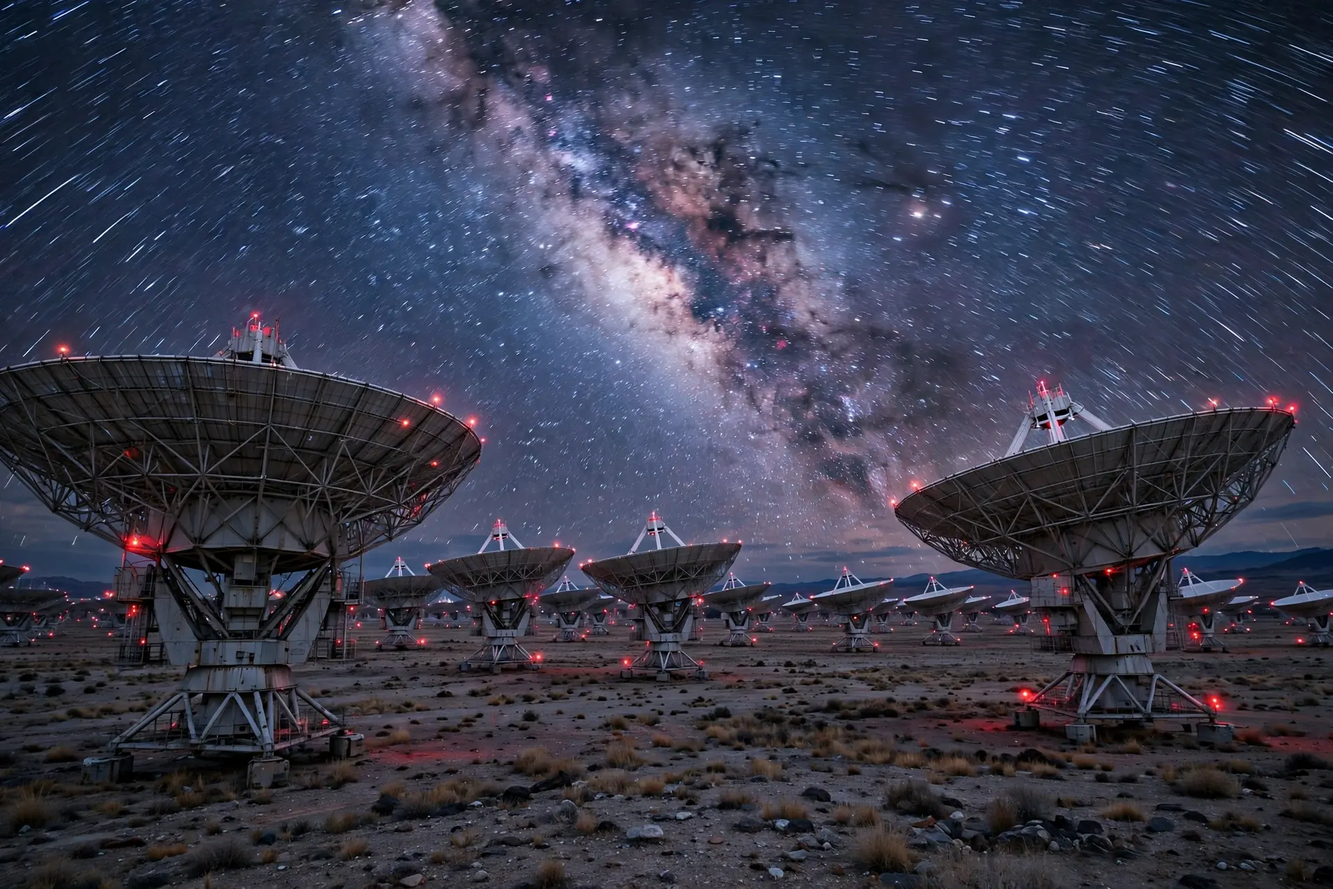 A radio telescope array listening to the night sky for signals from deep space