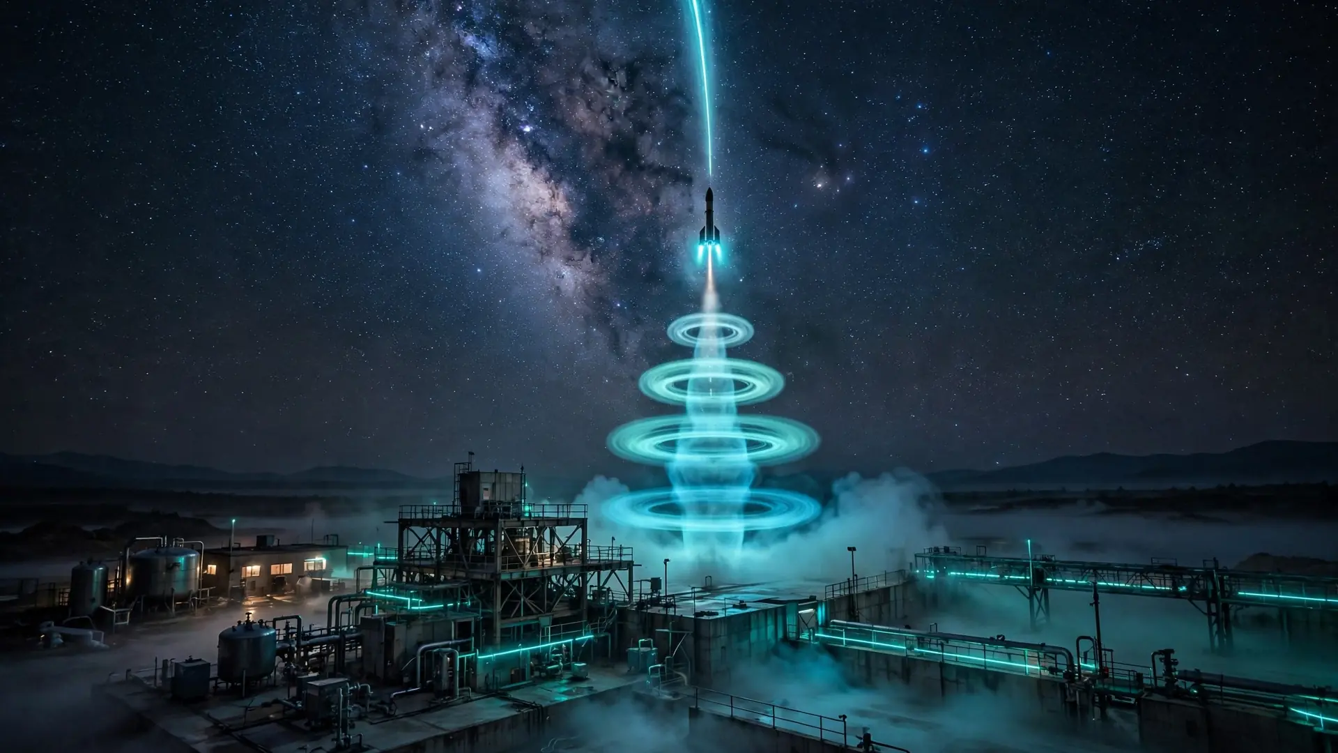 A small glowing vehicle ascending over a rocket test facility at night beneath the Milky Way, with expanding ring-shaped thruster plumes and long-exposure light trails