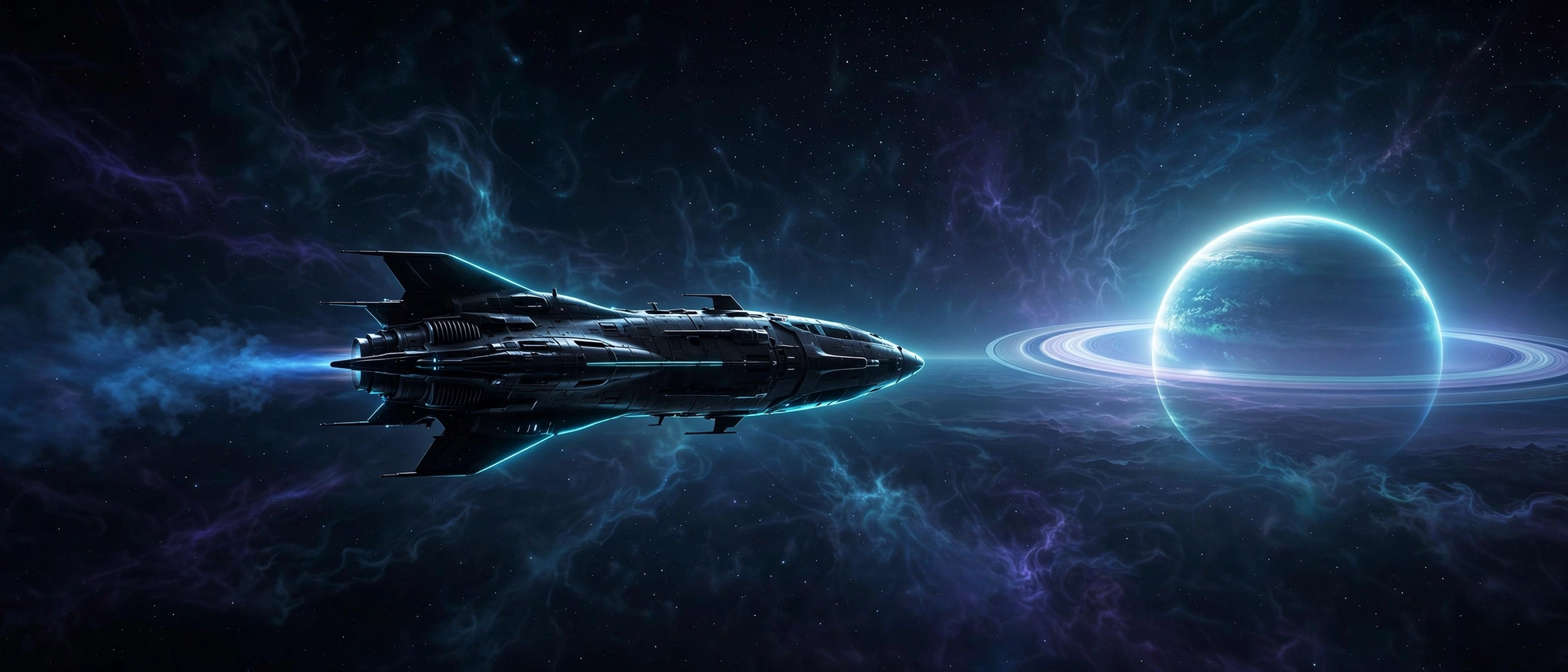 A futuristic spacecraft cruising through deep space toward a glowing ringed planet