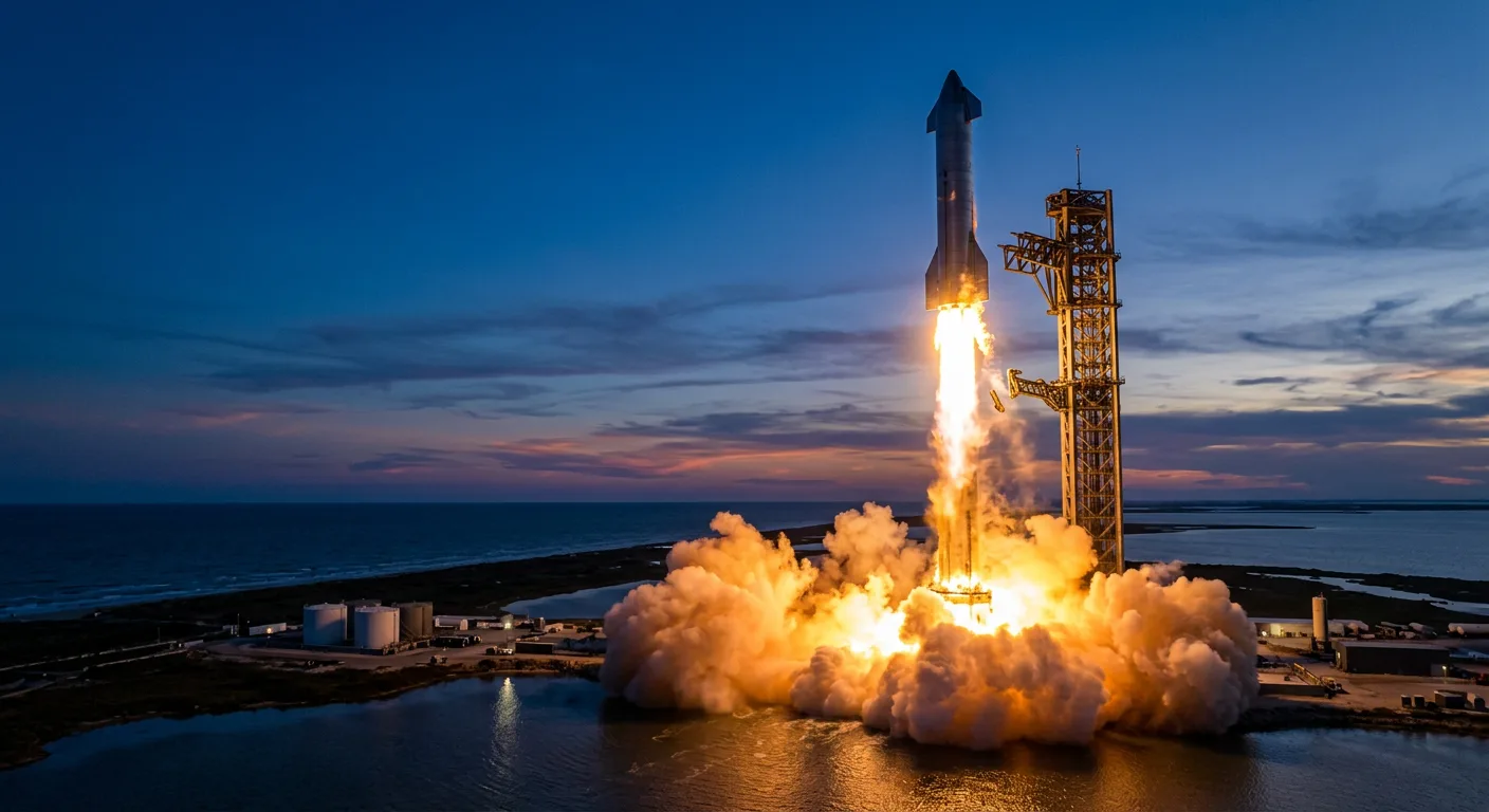 A giant stainless steel rocket lifting off at dusk with a bright engine plume