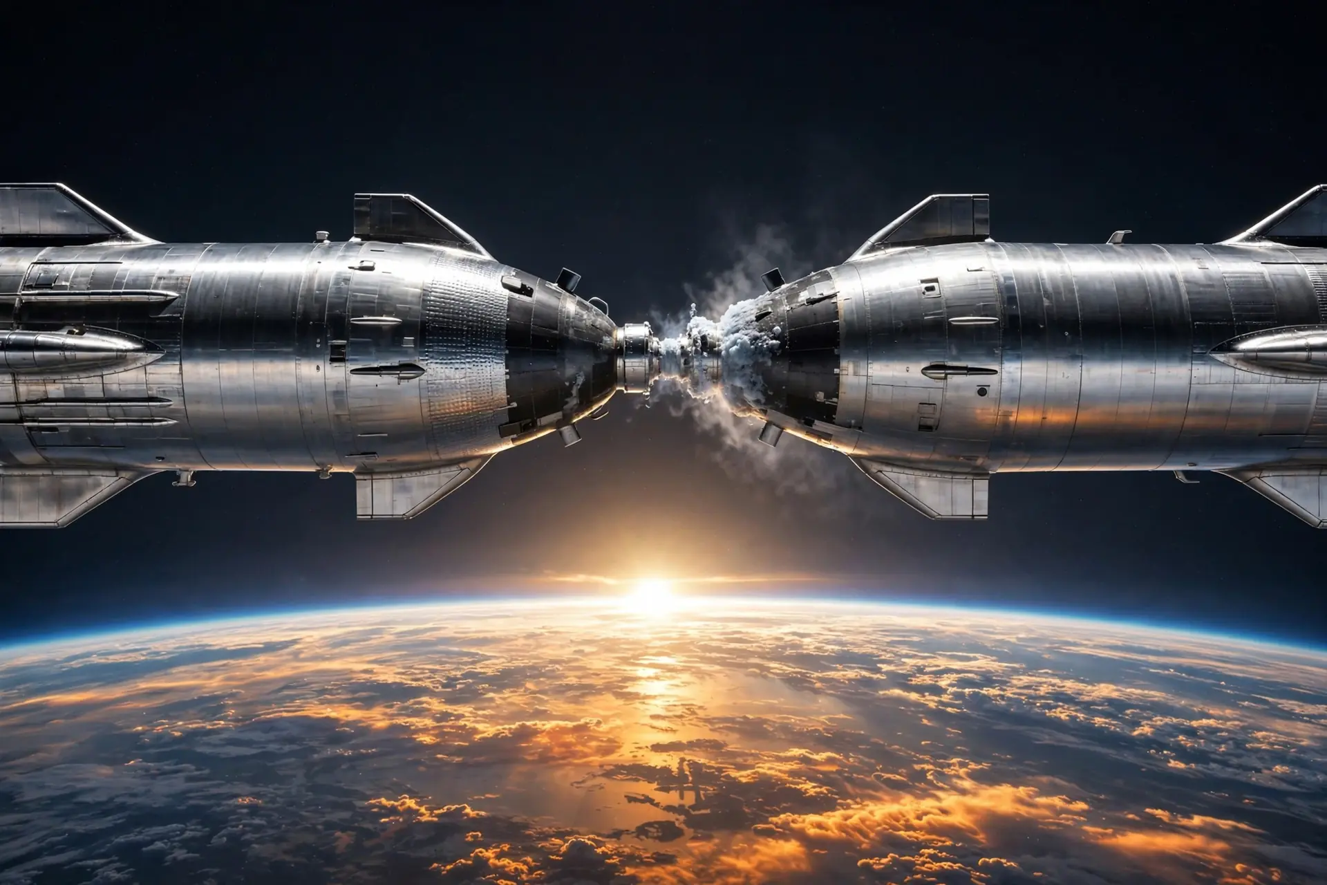 Two stainless steel Starships docked nose-to-nose in Earth orbit transferring propellant above a sunrise Earth