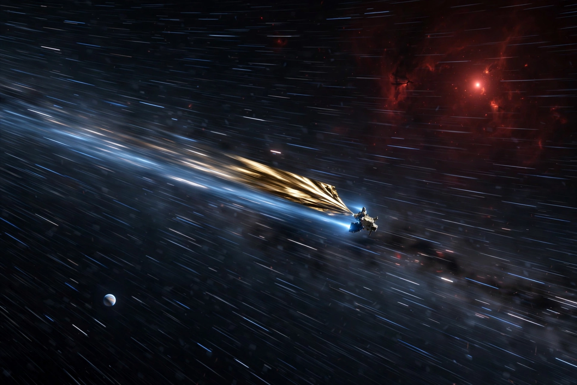 A lightsail probe approaching Proxima Centauri, its destination star glowing ahead
