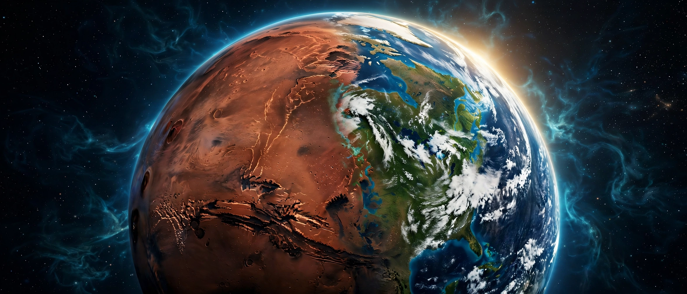 Mars mid-transformation: one hemisphere red desert, the other blooming with oceans and green land