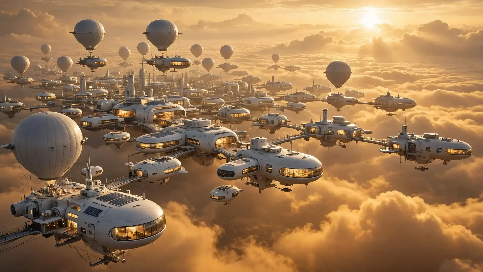 A futuristic floating aerostat city of white balloon habitats with warm glowing windows hovering above an endless sea of golden Venusian clouds at sunset