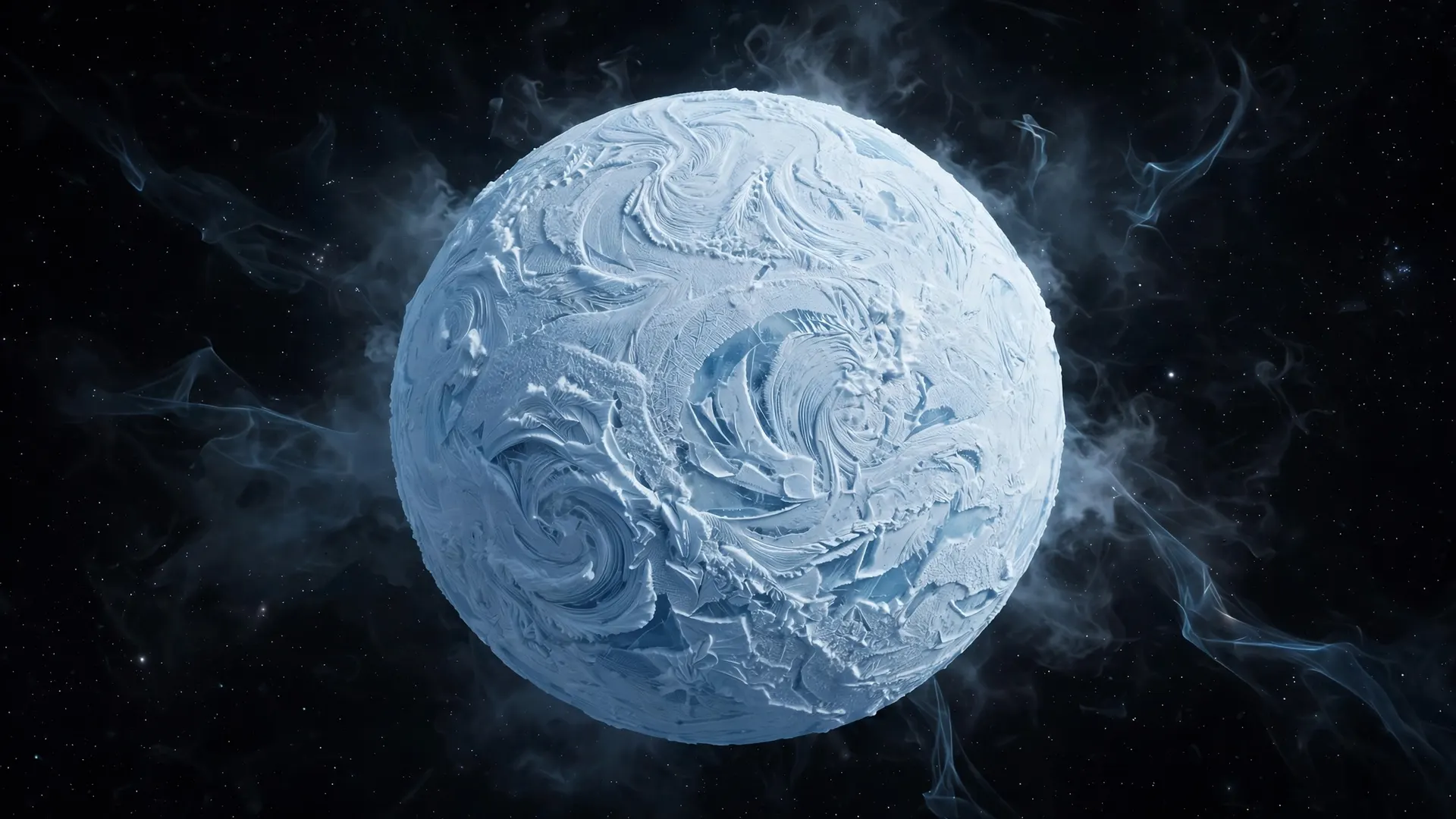 Earth frozen completely solid, its whole surface locked in blue-white ice, hanging in a pitch-black starfield with no sun