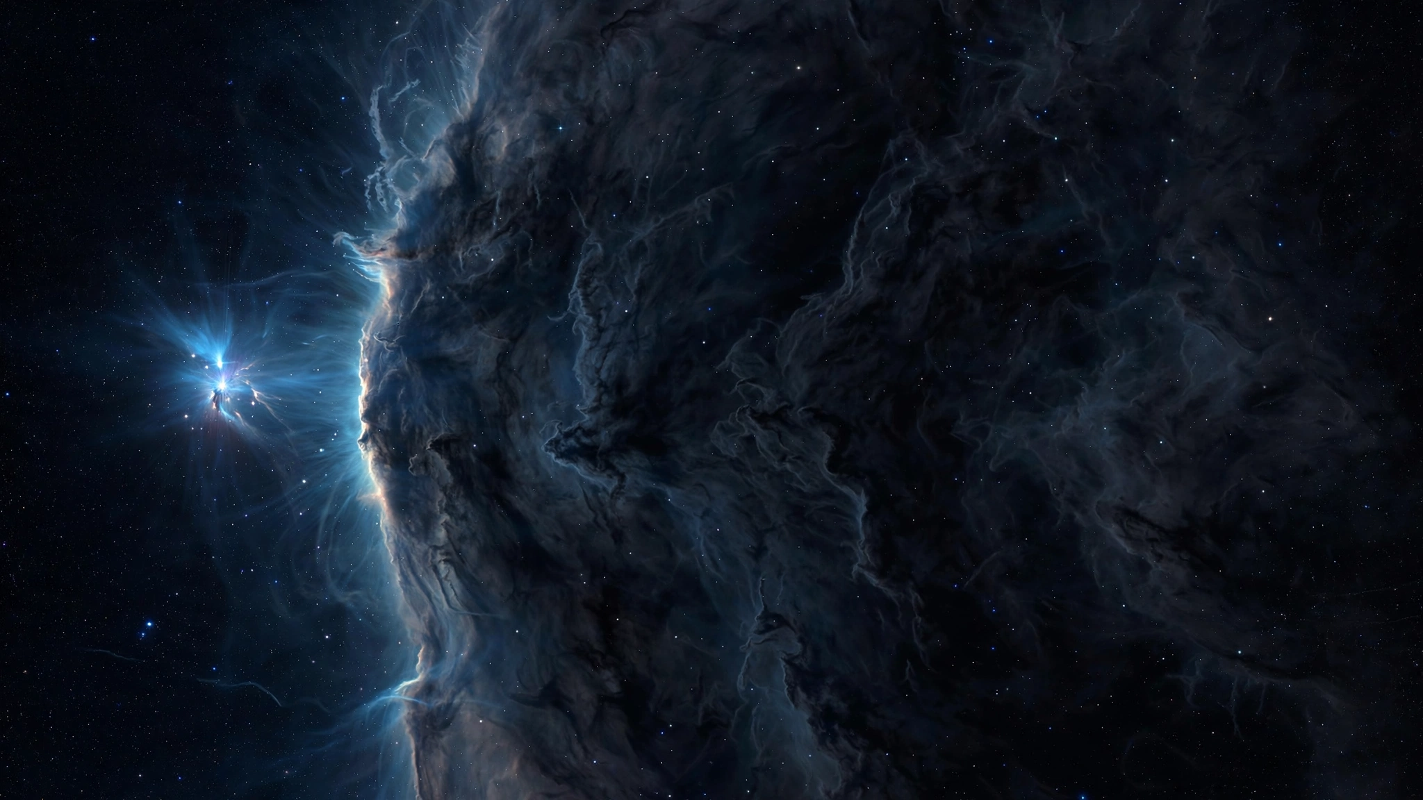 A brilliant blue flare lighting the ragged edge of a vast dark interstellar hydrogen cloud against a starfield